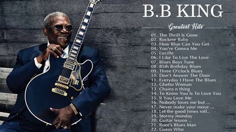 Bb king songs - Sep 15, 2021 · At the time of BB King's death in May 2015, the man born Riley B King in mid-20s Mississippi was the undisputed King Of The Blues. The ‘Blues Boy’ survived brutal racism, extreme poverty and even a brief association with U2 to endure as the ambassador for a style of music that has defied being written off countless times. 
